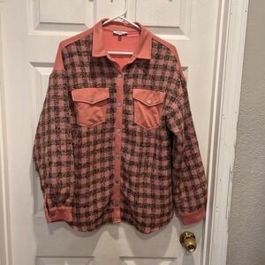 Pologram Pink Plaid Shacket Pocckets Oversized Lined Womens Large‎ Fall Cozy